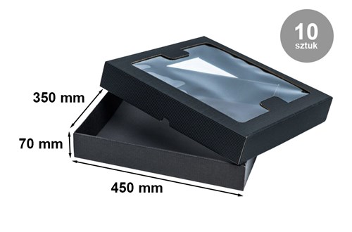 Pudełka karbowane czarne 450x350x70mm wieczka z oknem 10szt
