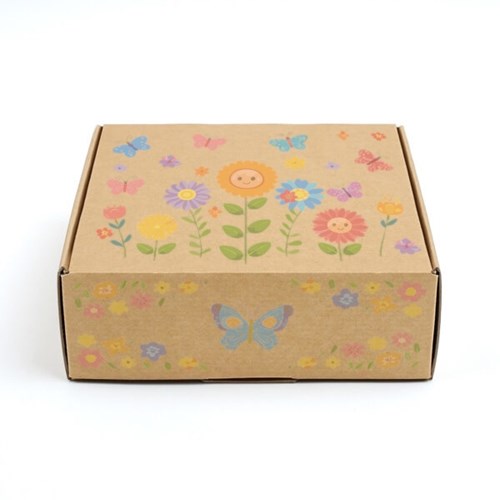 karton dzień dziecka, pudełko prezentowe kraft, opakowanie okolicznościowe, karton fasonowy nadruk, pudełko z motywem kwiatowym