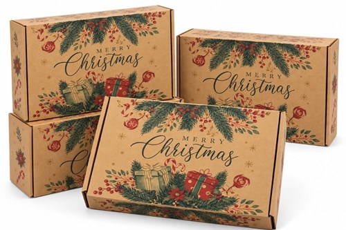 Zestaw 25 kartonów świątecznych 330 × 250 × 100 mm FEFCO 427 z wieńcem i napisem Merry Christmas