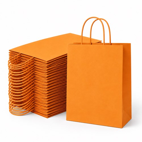 Zestaw 25 pomarańczowych torebek papierowych 230 × 120 × 300 mm z papierowym uchwytem skręcanym
