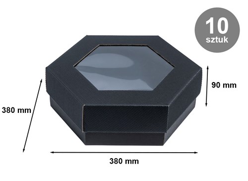 Pudełka karbowane czarne 380x330x90mm wieczko z oknem, 10szt
