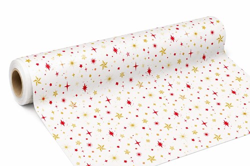 Biały papier świąteczny do pakowania prezentów z dekoracyjnym wzorem w gwiazdki, rolka 69 cm × 50 m, gramatura 60 g/m²