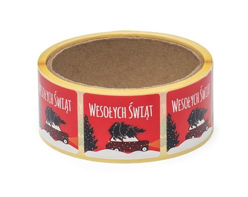 Naklejki Świąteczne Czerwone 35x40mm Auto z choinką, 200szt