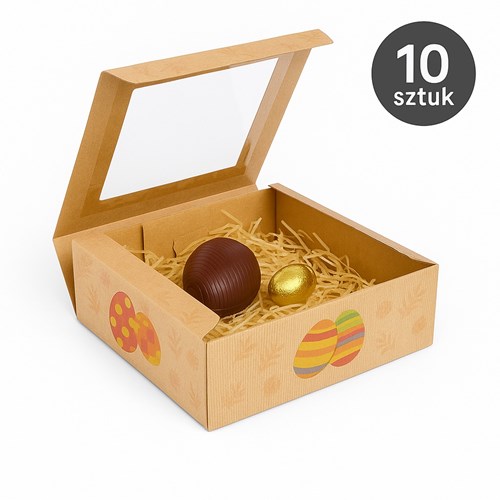 Zdjęcie 10 kartonów z nadrukiem Alleluja, część z prezentami w środku.