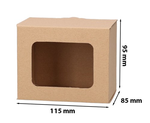 Brązowe pudełko prezentowe z okienkiem na kubek 115x85x95mm 