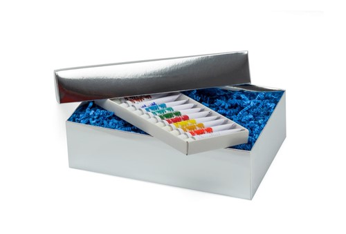 Srebrne pudełko laminowane z uchylonym wieczkiem