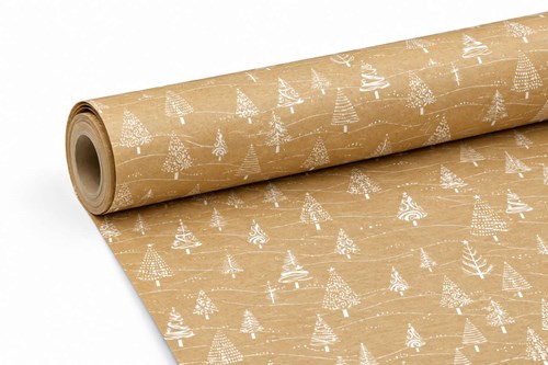 Rolka papieru świątecznego kraft ze wzorem choinek, szerokość 69 cm, długość 50 m, gramatura 60 g/m², papier do pakowania prezentów bożonarodzeniowych