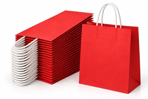 Zestaw 25 czerwonych toreb papierowych ECOBAG o wymiarach 305 × 170 × 445 mm, pojemności 23 l, wykonanych z papieru 100 g/m², z dnem klockowym i uchwy