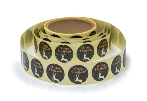 Naklejki okrągłe Czarne Fi30mm Merry Christmas Jelonek 200sz