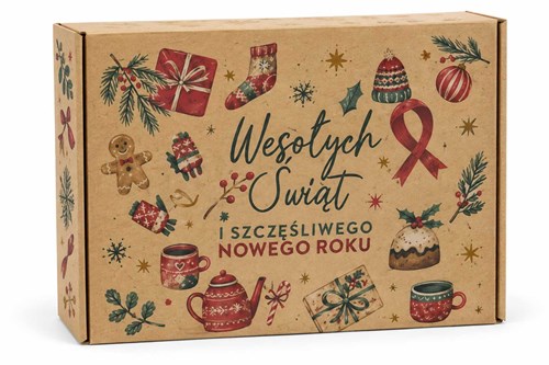 Zestaw 10 kartonów świątecznych 330 × 250 × 100 mm FEFCO 427 z kolorowymi ozdobami i napisem Wesołych Świąt i Szczęśliwego Nowego Roku