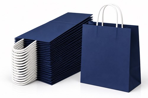 Zestaw 100 granatowych toreb papierowych ECOBAG o wymiarach 305 × 170 × 425 mm, pojemności 23 l, wykonanych z papieru 100 g/m², z dnem klockowym i uch