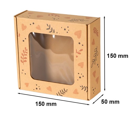 Pudełko ozdobne EKO z oknem Serca i liście 150x150x50mm
