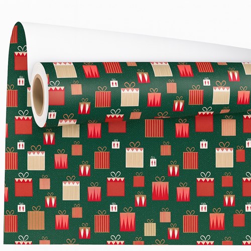Zielony papier ozdobny 0,69x50 m z nadrukiem prezentów – świąteczny i kolorowy
