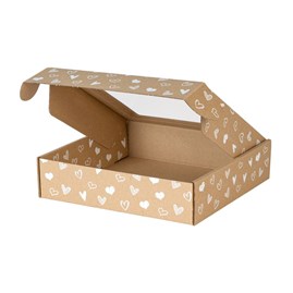 Pudełko ozdobne z oknem, brąz w białe serduszka 200x200x50mm
