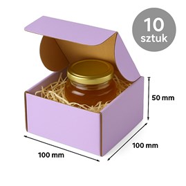 Ujęcie 10 fioletowych pudełek (część złożona, jedno otwarte z biżuterią), jasne tło.