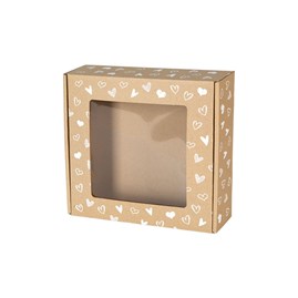 Pudełko ozdobne z oknem, brąz w białe serduszka 200x200x50mm