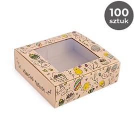 Paleta lub karton zbiorczy z ok. 100 pudełkami, kilka złożonych na wierzchu.