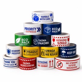 Rolki taśmy pakowej PVC z logo 48 mm x 54 m, klej solvent, nadruk w 1 kolorze
