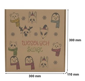 Karton świąteczny kraftowy z motywem zwierzątek i napisem „Wesołych Świąt”.