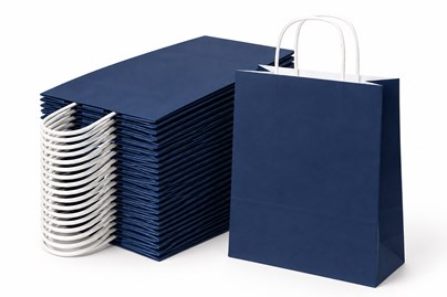 Zestaw 100 granatowych toreb papierowych ozdobnych 240 × 100 × 320 mm o gramaturze 90 g/m², z papierowymi uchwytami i dnem klockowym