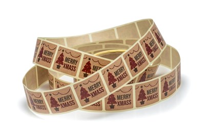 Naklejki świąteczne Kraft 35x40mm Merry Xmas Choinka, 200szt