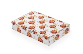 Pudełko prezentowe w formie kartonika wykrojnikowego z motywem świątecznych bombek