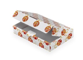 Pudełko prezentowe w formie kartonika wykrojnikowego z motywem świątecznych bombek