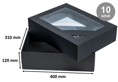 Pudełka karbowane czarne 400x310x120mm wieczka z oknem 10szt