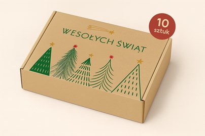 karton świąteczny, pudełko fasonowe, karton zielone choinki, pakiet 10 sztuk, karton prezentowy