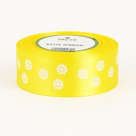 Wstążka żółta satynowa z nadrukiem kwiatki 25 mm