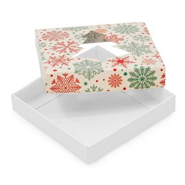 Pudełko ozdobne z oknem-choinką w śnieżki 150x150x25mm