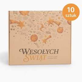 Zestaw 10 kartonów fasonowych z nadrukiem świątecznej geometrii i życzeniami. 
