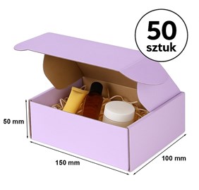 50 pudełek ułożonych warstwowo; kilka złożonych frontem, widoczny zatrzask.