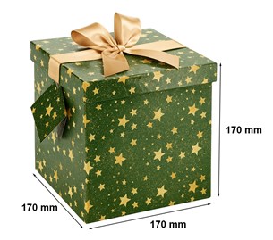 Pudełko zielone ze złotymi gwiazdkami z kokardą