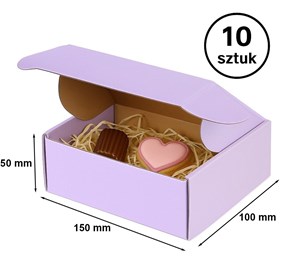 10 fioletowych pudełek (część złożona, jedno otwarte), pokazane mechanizm automatycznego zamknięcia.