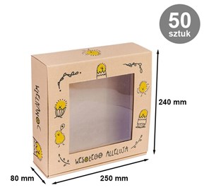 kartonów Alleluja ustawionych w stosy, część z włożonymi słodyczami lub prezentami.