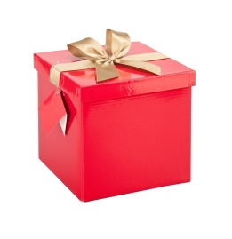 Czerwone pudełko składane ze złotą kokardą