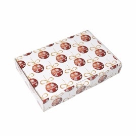 Pudełko prezentowe w formie kartonika wykrojnikowego z motywem świątecznych bombek