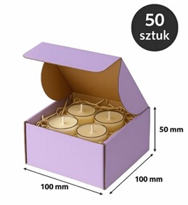 Zbiorcze ujęcie 50 pudełek w kartonie zbiorczym + kilka złożonych, widoczny głęboki fiolet.