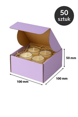 Zbiorcze ujęcie 50 pudełek w kartonie zbiorczym + kilka złożonych, widoczny głęboki fiolet.