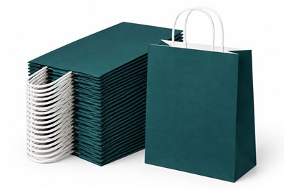 Zestaw 10 zielonych toreb papierowych A4 o wymiarach 240 × 100 × 320 mm, gramaturze 90 g/m² i pojemności 7,5 l, z uchwytami ze sznurka papierowego ora