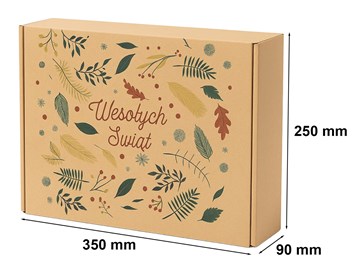 Karton fasonowy szary MIX Świąteczny z nadrukiem gałązek i napisem Wesołych Świąt, 350x250x90 mm.