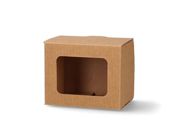 Brązowy karton na kubek z okienkiem 115x85x95mm karbowany