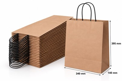 Zestaw 100 miedzianych toreb papierowych o wymiarach 34 × 14 × 39,5 cm, wykonanych z papieru 100 g/m², wyposażonych w skręcane uchwyty typu kraft