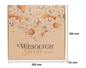 Karton fasonowy kraftowy z nadrukiem geometrycznym i napisem „Wesołych Świąt i Szczęśliwego Nowego Roku”.