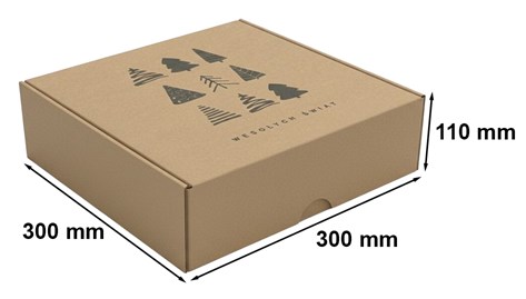 Kraftowy karton fasonowy z nadrukiem choinek, idealny do paczek i prezentów świątecznych.