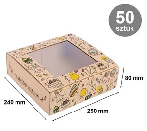 Zbiorcze ujęcie 50 pudełek ustawionych w kilku rzędach, pastelowe dekoracje w tle.