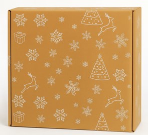 Karton świąteczny 400x300x90 mm szary z białymi śnieżynkami, choinkami i reniferami