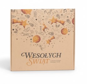 Karton fasonowy kraftowy z nadrukiem geometrycznym i napisem „Wesołych Świąt i Szczęśliwego Nowego Roku”.