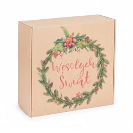 Karton fasonowy kraftowy z nadrukiem świątecznym wieniec, idealny do pakowania prezentów.